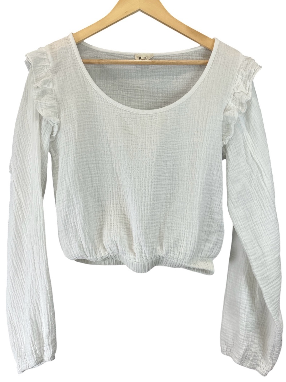 POL White Cotton Gauze Ruffle Shoulder Long Sleeve Cropped Top Size Medium - Picture 2 of 8